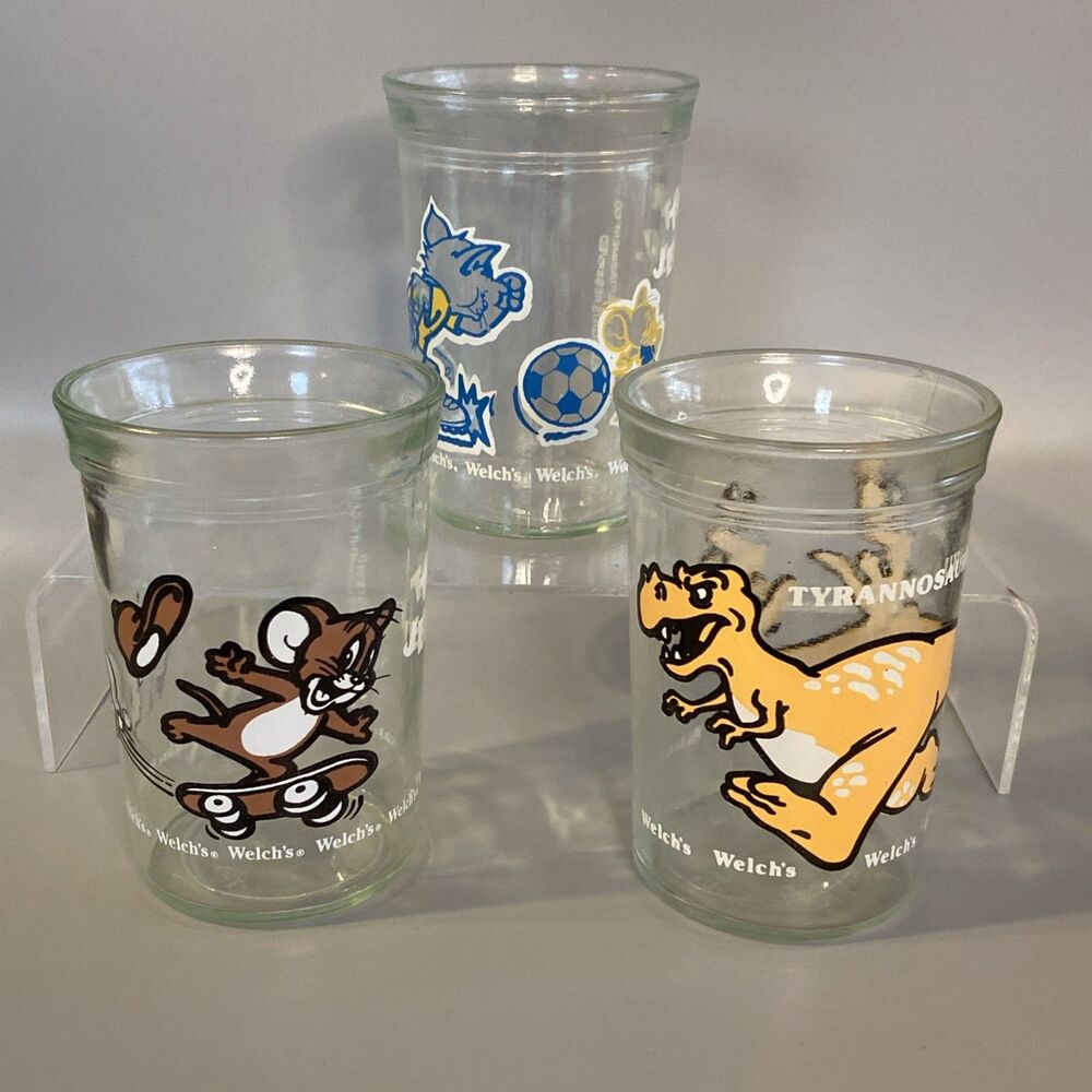 Vintage (3) Welch's Jelly Jar Juice Drinking Glasses TOM & JERRY 1990 T-REX 1988